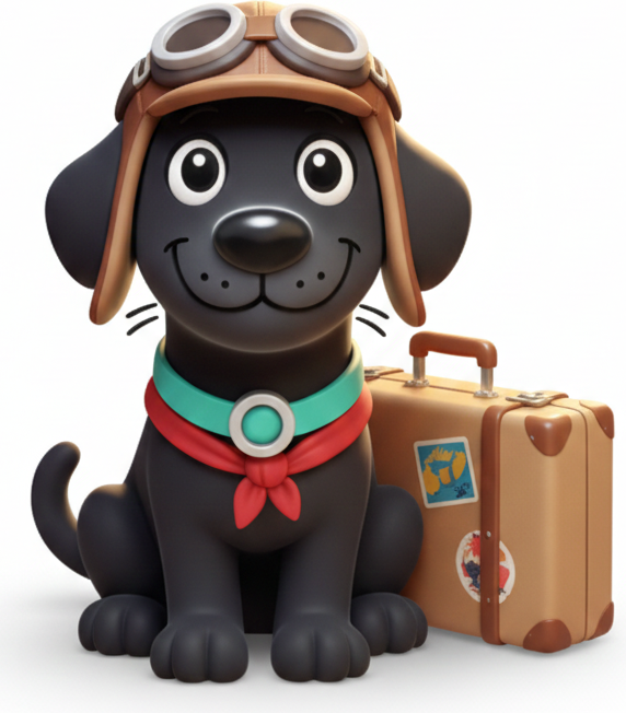 Koji, the GoAway mascot, sitting next to a packed suitcase